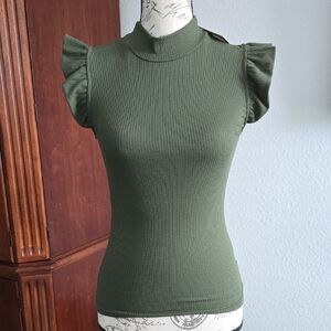Green Flutter Sleeve Ribbed Blouse